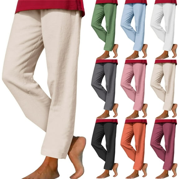 FRSASU Women’s Cotton Linen Pants Joggers Drawstring Lightweight Solid Color Lounge Travel Casual Pants with Pockets Wine