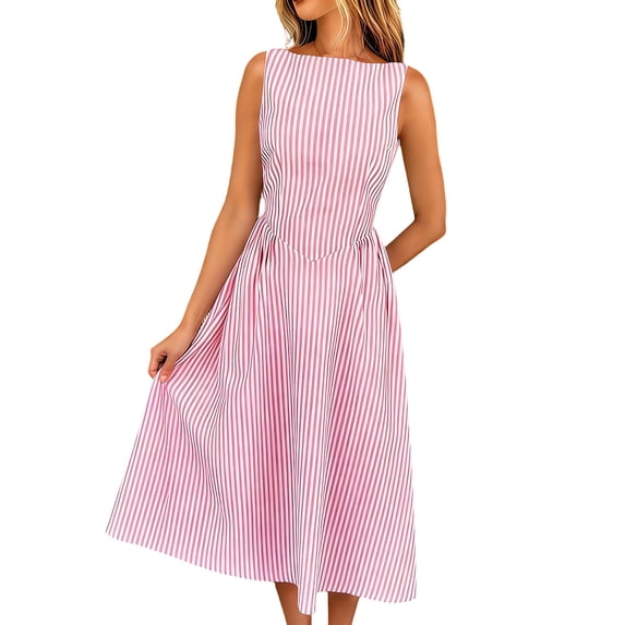 FRSASU Women's Striped Dress Sleeveless Round Neck Cotton Linen Midi Dress Drop Waist Flared Swing Pleated Tank Sundresses Pink