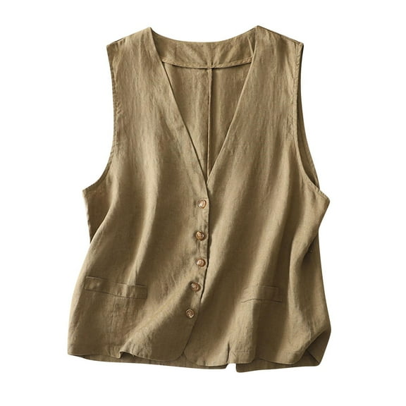 FRSASU Women's Cotton Linen Sleeveless Vest Casual V Neck Solid Color Button Down Waistcoat Jackets Khaki M(M)