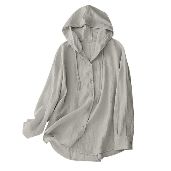FRSASU Women's Cotton Linen Sun Protection Shirts Hoodie Solid Long Sleeve Botton Up Cardigan Lightweight Casual Tops Gray XXL(XXL)