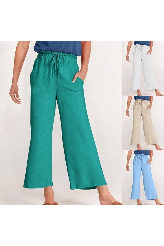 Women's Cotton Linen Yoga Bootcut Flare Cropped Pants Business Casual High Waist Slouchy Camping Slacks with Pockets White