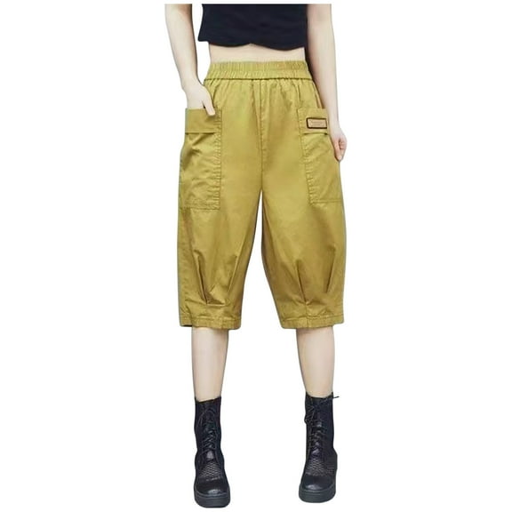 FRSASU Women's Cotton Pants Solid Color Casual Loose Versatile Haren Trousers Summer Elastic Capri Pants Yellow XXXL(XXXL)