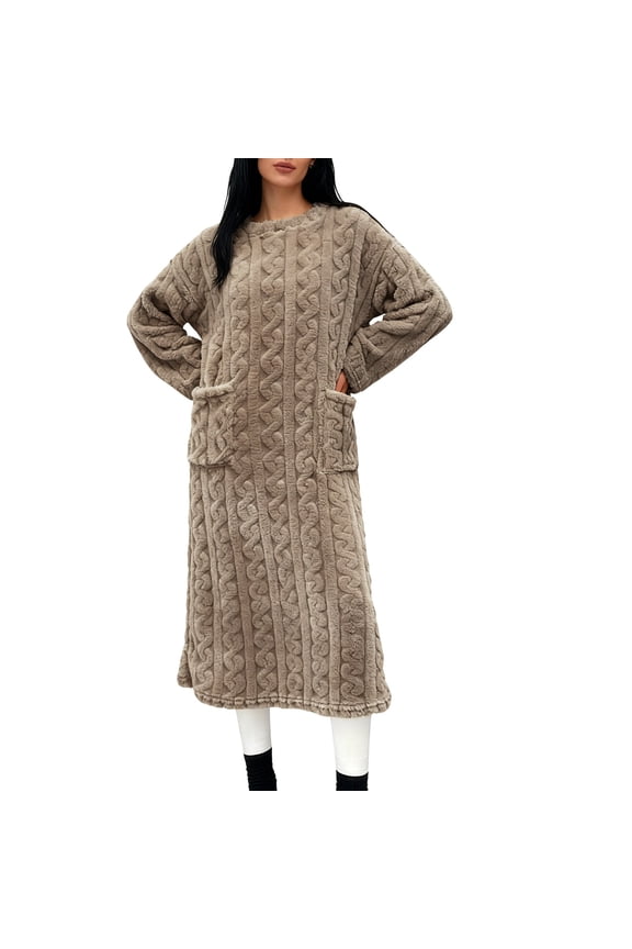 Women's Crew Neck Long Sleeves Plush Nightgown Long and Warm Sleepwear Knee Length Loungewear with Pockets Coffee