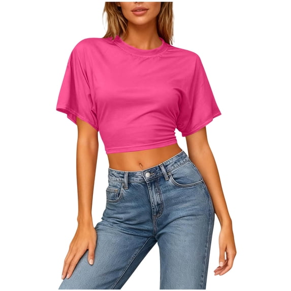 FRSASU Women's Crew Neck T-Shirts Trendy Summer Short Sleeve Solid Casual Tees Slim Fit Basic Tops for Work Hot Pink