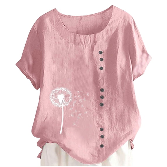 FRSASU Women's Crewneck Button T-Shirt Summer Fashion Sunflower Printed Short Sleeve Blouses Breathable Loose Fit Tops Pink