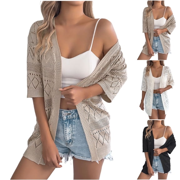 FRSASU Women's Crochet Hollow Out Knit Oversized Sweater Top 3/4 Sleeve Lightweight Open Front Cardigan White