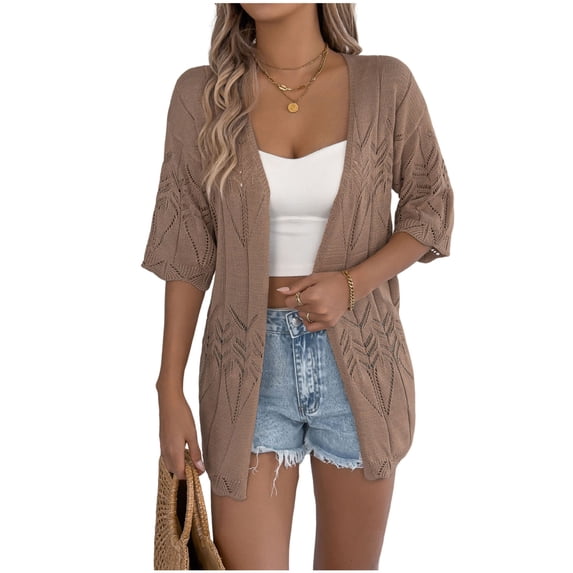FRSASU Women's Crochet Knit Cardigan Sweaters Short Sleeve Open Front Kimonos Boho Lightweight Cardigans Tops Coffee