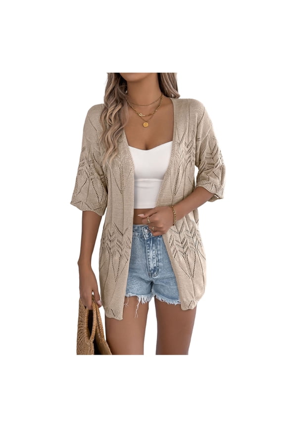 Women's Crochet Knit Cardigan Sweaters Short Sleeve Open Front Kimonos Boho Lightweight Cardigans Tops Khaki