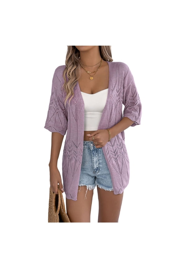 Women's Crochet Knit Cardigan Sweaters Short Sleeve Open Front Kimonos Boho Lightweight Cardigans Tops Purple