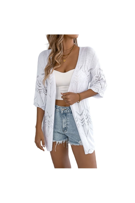 Women's Crochet Knit Cardigan Sweaters Short Sleeve Open Front Kimonos Boho Lightweight Cardigans Tops White