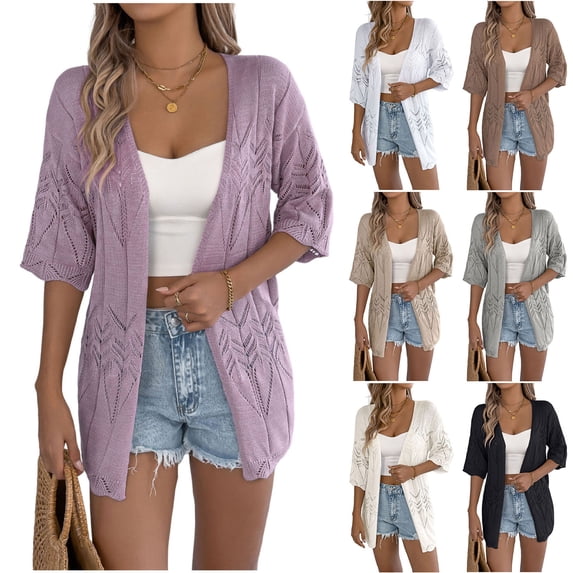 FRSASU Women's Crochet Knit Cardigan Sweaters Short Sleeve Open Front Kimonos Boho Lightweight Cardigans Tops White