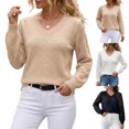 thumbnail image 1 of FRSASU Women's Cropped Sweaters V-Neck Long Sleeve Lightweight Soft Crochet Casual Pullover Knit Sweater Tops White, 1 of 8