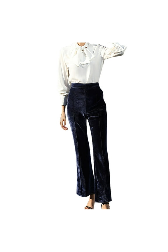 Women's Crushed Velvet Straight Wide Leg Pants Flare High Waisted Palazzo Bell Bottom Yoga Pants Navy