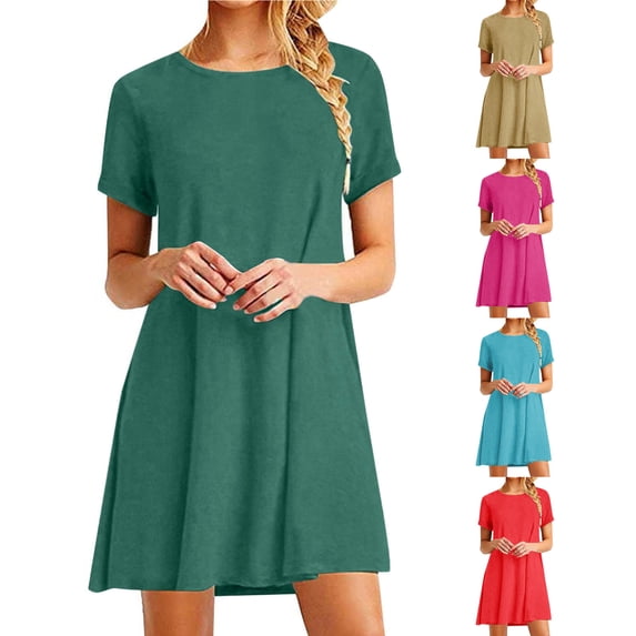 FRSASU Women's Custom Sundress Short Sleeve Crewneck Basic Beach Mini Dress Swing Personalized Slim Dresses Red