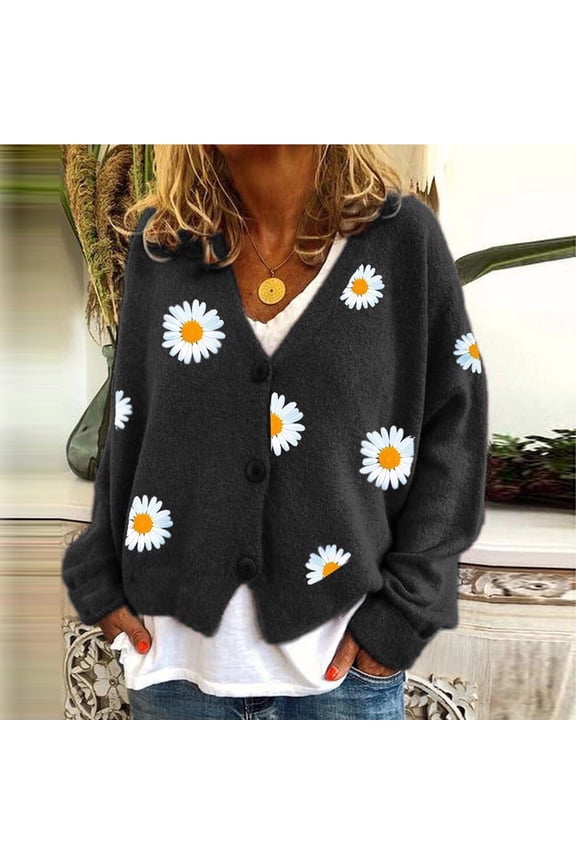 Women's Daisy Print Long Sleeve Open Front Button Down V Neck Knitted Sweaters Black
