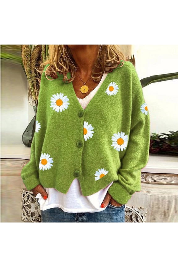 Women's Daisy Print Long Sleeve Open Front Button Down V Neck Knitted Sweaters Green