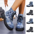 thumbnail image 1 of FRSASU Women's Denim Plaid Patchwork Combat Ankle Booties with Frayed Raw Edge Detail, Lace‑Up Front Round Toe Chunky Platform Short Boots Blue, 1 of 9