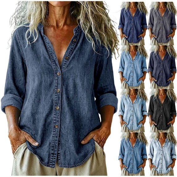 FRSASU Women's Denim Shirt Button Down Collarless V Neck Casual Jean Lightweight Roll Up Sleeve Relaxed Fit Denim Shirt Silver