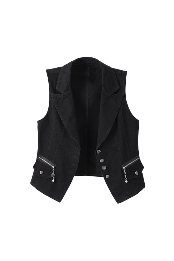 Women's Denim Vest Solid Color Casual Button Down Casual Fashion Sleeveless Hoodless Jean Jacket Black S(S)