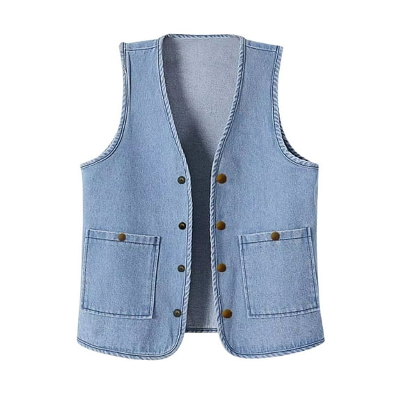 FRSASU Women's Denim Vest Solid Color Casual Button Down Casual Fashion Sleeveless Hoodless Jean Jacket Light Blue XL(XL)