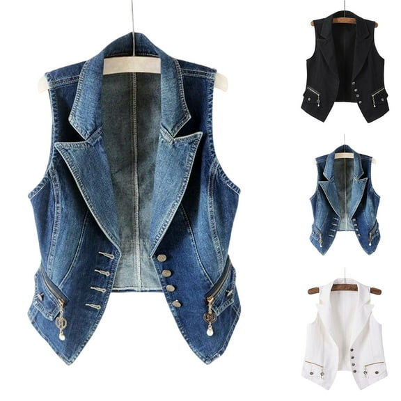 FRSASU Women's Denim Vest Solid Color Casual Button Down Casual Fashion Sleeveless Hoodless Jean Jacket White XL(XL)