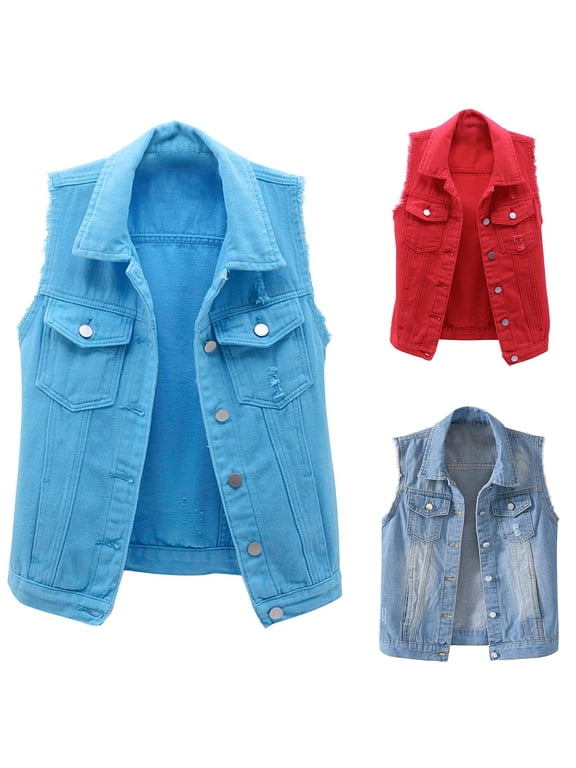 Women's Denim Waistcoat Solid Color Sleeveless Frayed Slim Fit Button Front Ripped Jacket Vest Streetwear with Pockets Sky Blue-A
