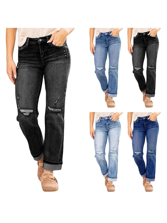 Women's Distressed Straight Leg Jeans Button Zipper High Waist Ripped Denim Cropped Pants with Cuffed Hem & Pockets Sky Blue
