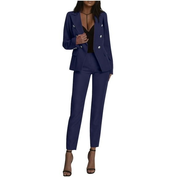 FRSASU Women's Double Buttons Professional Business Blazer Long Pant Suit Set for Work Dark Blue
