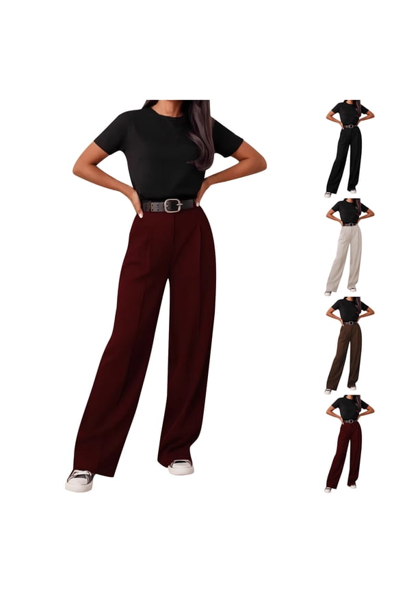 Women's Dress Pants Elastic High Waist Lightweight Pleated Straight Leg Slacks Pull On Casual Business Trousers White