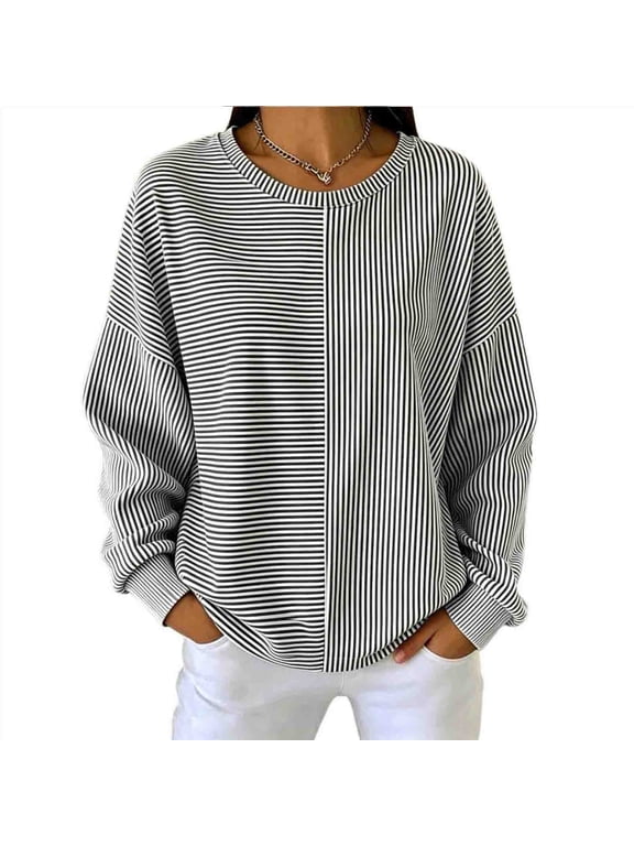 Women's Dressy Sweatshirts Vertical Striped Print Patchwork Sweatshirt Long Sleeve Casual Round Neck Pullover Black
