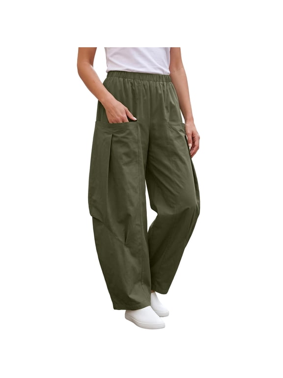 Women's Elastic High Waist Barrel Cargo Pants Loose Wide Leg Trousers with Large Side Patch Pockets for Casual Street Wear Army Green