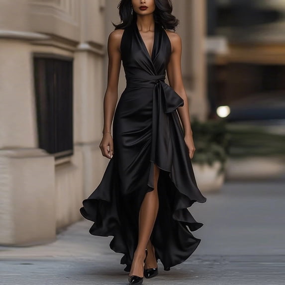 FRSASU Women's Elegant Evening Dresses Deep V Neck Halter formal Gown High Waist Butterfly Bow Bodycon Summer Dress Black-A