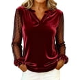 thumbnail image 1 of FRSASU Women's Elegant Patchwork Velvet Shirts Mesh Long Sleeve Dressy Loose Crewneck Lightweight Cocktail Tops Wine-A, 1 of 6