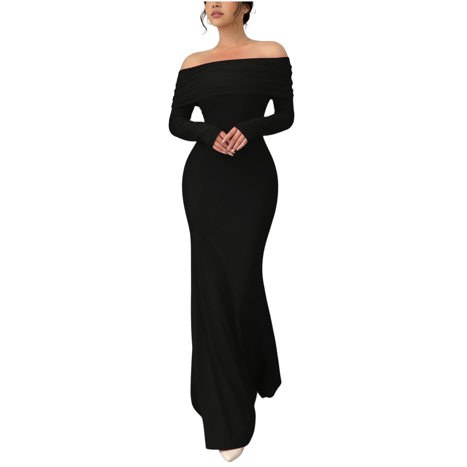 Women's Long Sleeve Ruffle Bodycon Maxi Dress - Cocktail, Wedding Guest, Party Dress