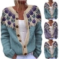 thumbnail image 1 of FRSASU Women's Ethnic Style Jacquard Sweater Cardigan Sweaters Button Down Long Sleeve Crew Neck Knitted Outerwear Purple, 1 of 4