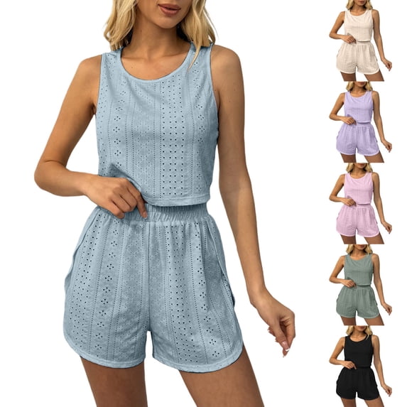 FRSASU Women's Eyelet Pajama Sets Side Slit Lounge Set Sleeveless Tank Tops Shorts Pj Sets Cute 2 Piece Comfy Sleepwear White