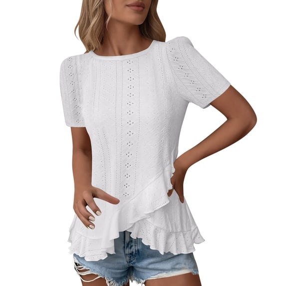 FRSASU Women's Eyelet T-Shirt Hollowed-Out Crew Neck Short Sleeve Cross Ruffle Hem Casual Summer Tunic Tops White