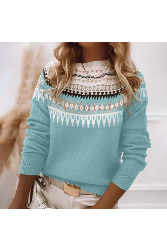 Women's Fair Isle Sweater Casual Vintage Crew Neck Knitted Sweater Cute Graphic Fall Fashion Pullover Jumper Tops Blue