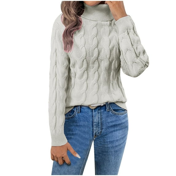 FRSASU Women's Fall High Collar Sweaters Solid Color Long Sleeve Chunky Knit Pullover Tops Winter Fashion Clothes White S(S)
