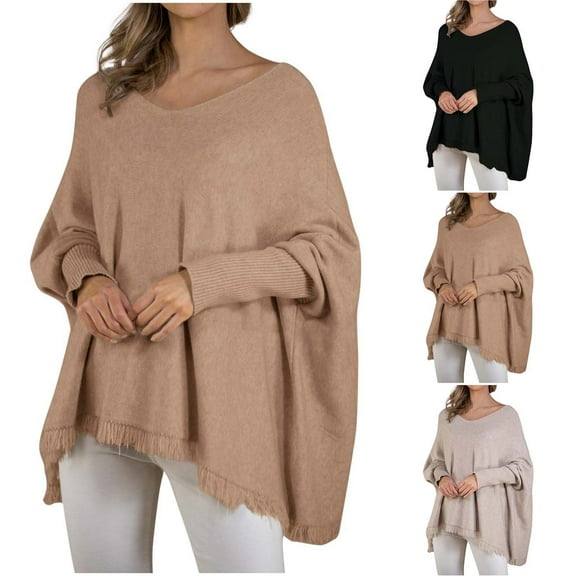 FRSASU Women's Fall Knitted Sweater V Neck Long Sleeve Solid Color Casual Loose Oversized Pullover Sweater Top Khaki M(M)