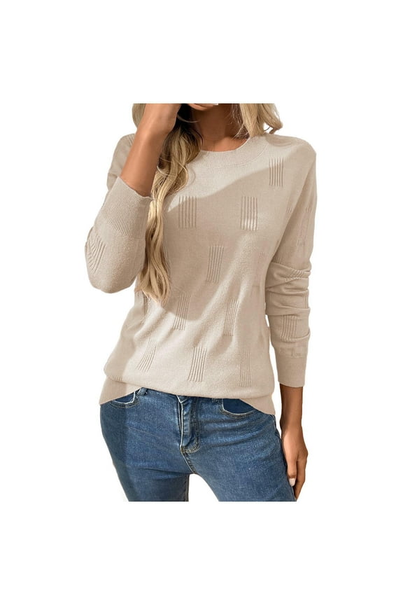Women's Spring Lightweight Sweater Shirt Solid Color Long Sleeve Round Neck Knitted Tunic Pullover Tops Beige L(L)