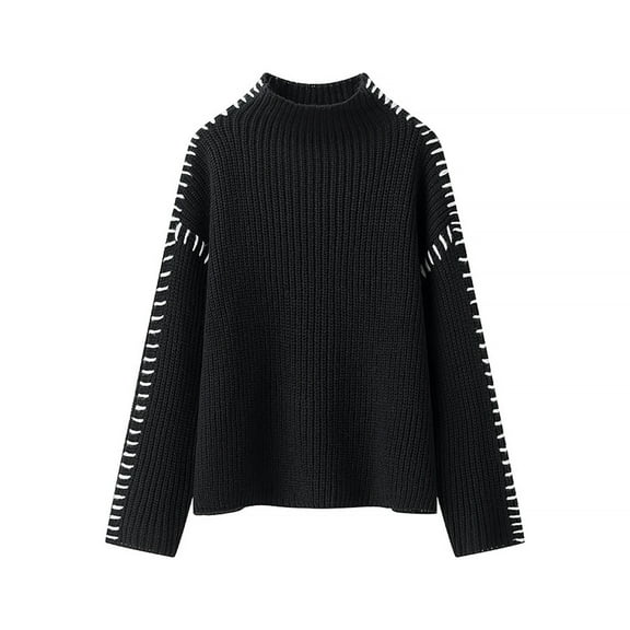 FRSASU Women's Fall Long Sleeve Solid Color Turtleneck T Shirt Knit Sweater Slim Fit Basic Casual Pullover Sweater Tops Black S(S)