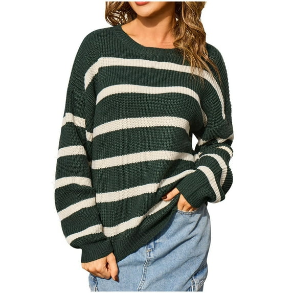 FRSASU Women's Fall Long Sleeve Striped Color Block Comfy Loose Crew Neck Knitted Casual Fashion Pullover Sweater Army Green S(S)