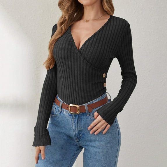 FRSASU Women's Fall Long Sleeve V-neck T Shirts Button Ribbed Knit Slim Fit Casual Basic Tops Blouse Black