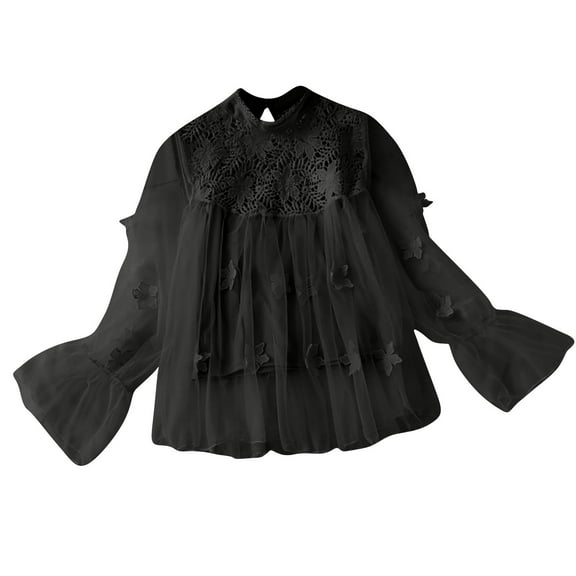 FRSASU Women's Fall Shirt Long Sleeve Solid Lace Butterfly Mesh Round Neck Strapless Cute Top Black Free Size