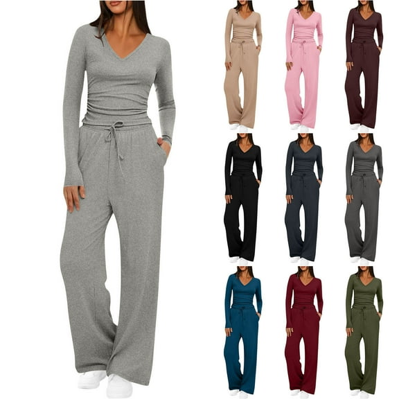FRSASU Women's Fall Two Piece Outfits Solid Long Sleeve V Neck Shirt Wide Leg Pants Lounge Sets for Women Casual Tracksuit Wine XL(XL)