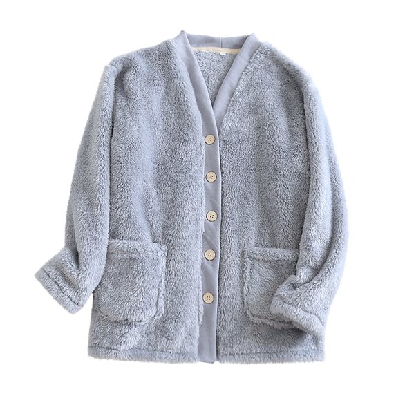 FRSASU Women's Fall/Winter Coral Velvet Warm Thick V Neck Button Stretch Sleepwear Long Sleeves Pajama Tops Blue