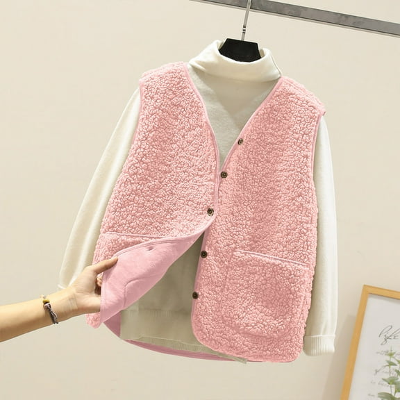 FRSASU Women's Fall Winter Fleece Vest Trendy Sleeveless Jacket Button Down Front Fuzzy Warm Outerwear Pink