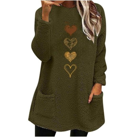 FRSASU Women's Fall Winter Plush Tops Love Heart Print Pullover Fleece Crewneck Sweatshirt Warm Sweater with Pockets Army Green