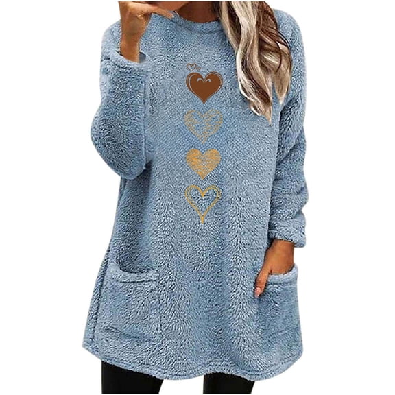 FRSASU Women's Fall Winter Plush Tops Love Heart Print Pullover Fleece Crewneck Sweatshirt Warm Sweater with Pockets Blue